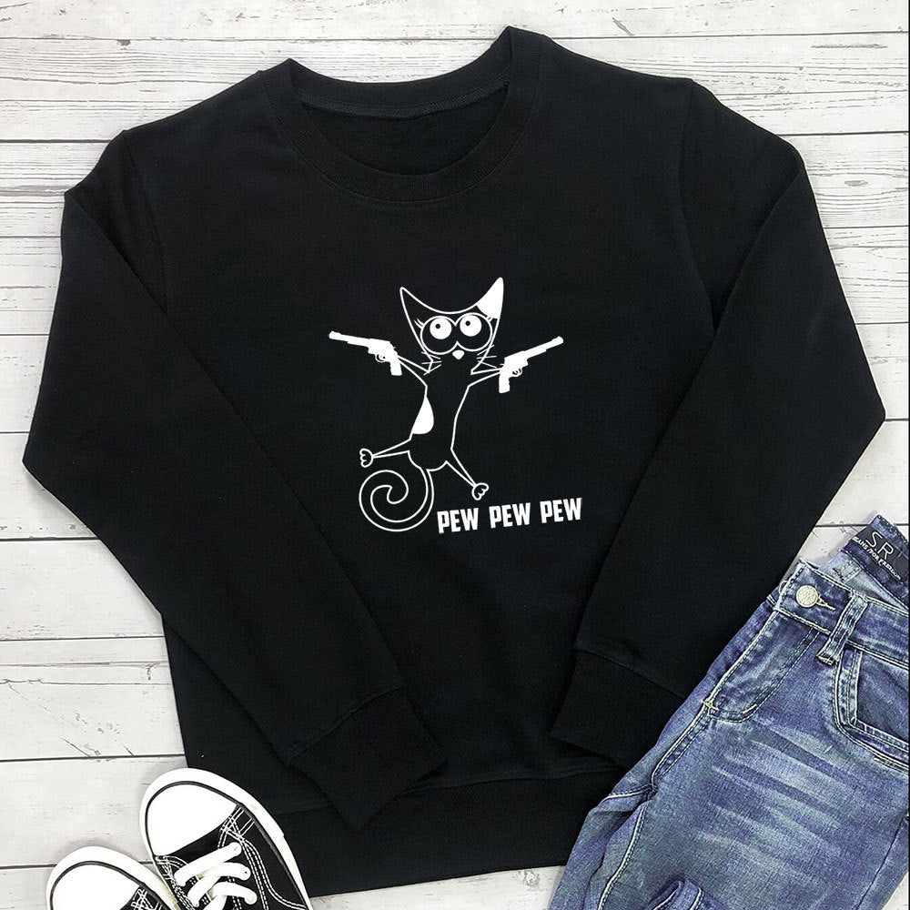 Cat print round neck hoodie with gun eprolo