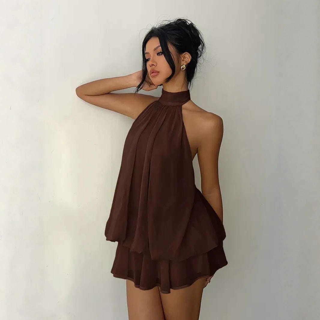 Women's vacation fitted sexy backless halter neck tie-waist dress with puffy short skirt eprolo