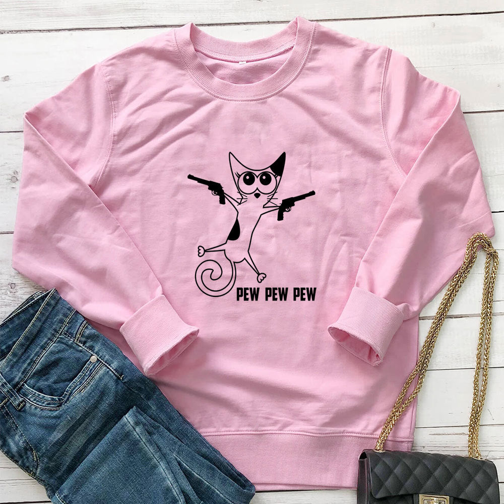 Cat print round neck hoodie with gun eprolo