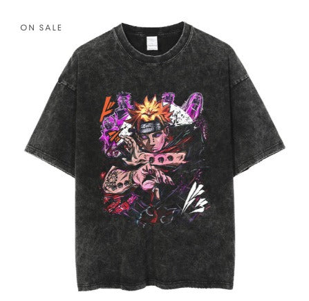 Men's Anime Cartoon Washed Old Men's Short sleeved T-shirt eprolo