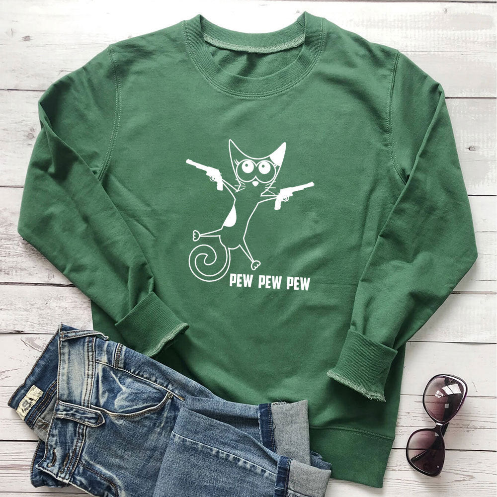 Cat print round neck hoodie with gun eprolo