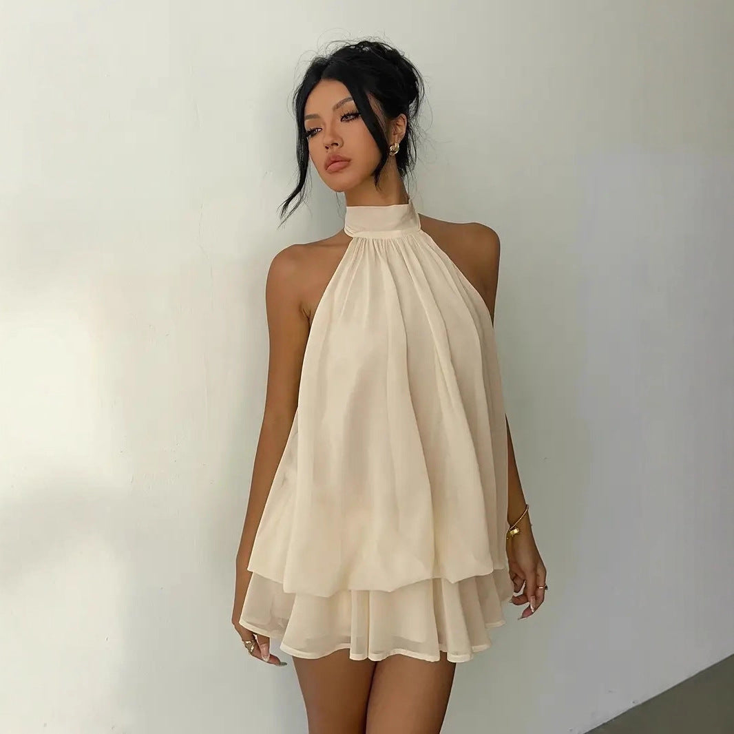 Women's vacation fitted sexy backless halter neck tie-waist dress with puffy short skirt eprolo
