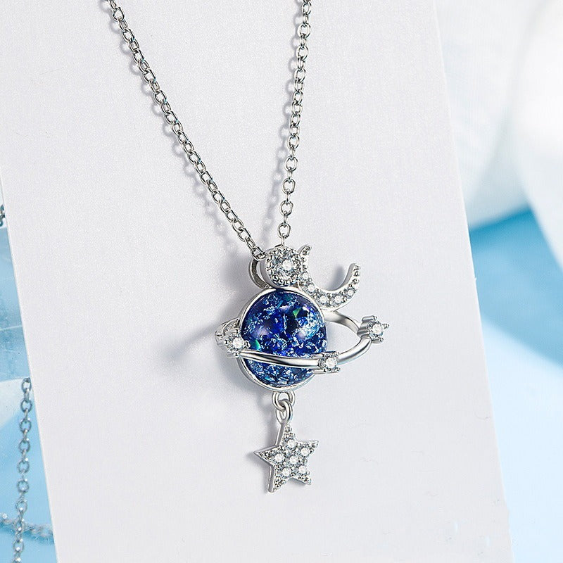 Fantasy Universe Planet Necklace with Small Design Sense Star Moon Set Zirconia Lock Bone Chain Necklace eprolo