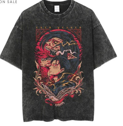 Men's Anime Cartoon Washed Old Men's Short sleeved T-shirt eprolo