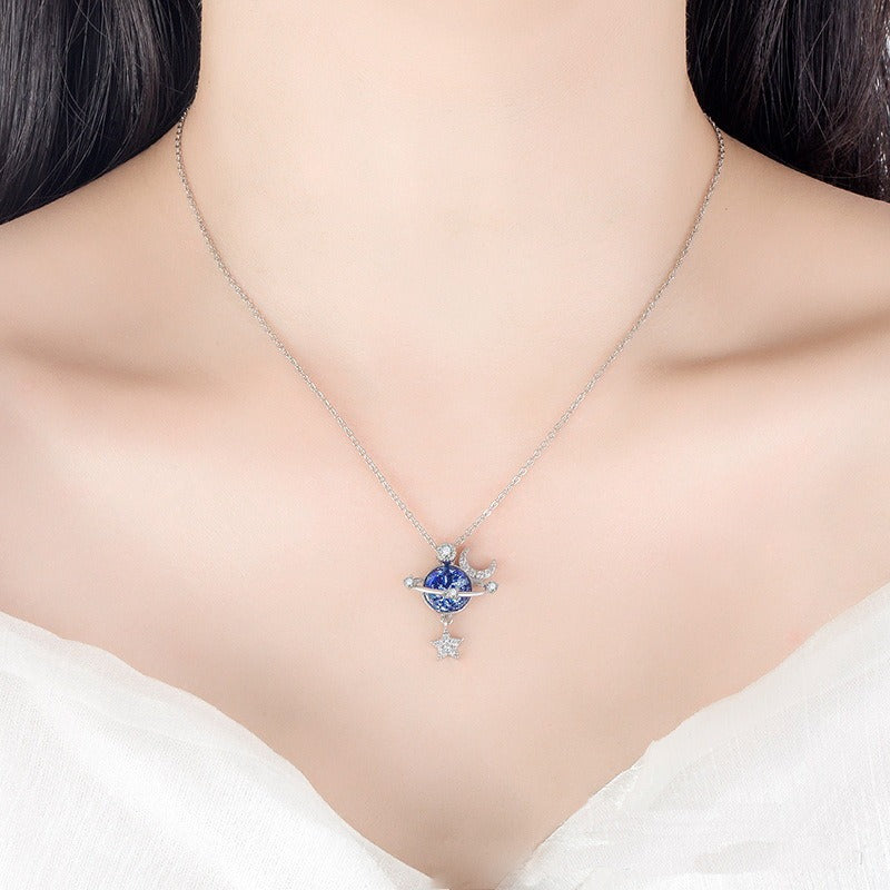 Fantasy Universe Planet Necklace with Small Design Sense Star Moon Set Zirconia Lock Bone Chain Necklace eprolo