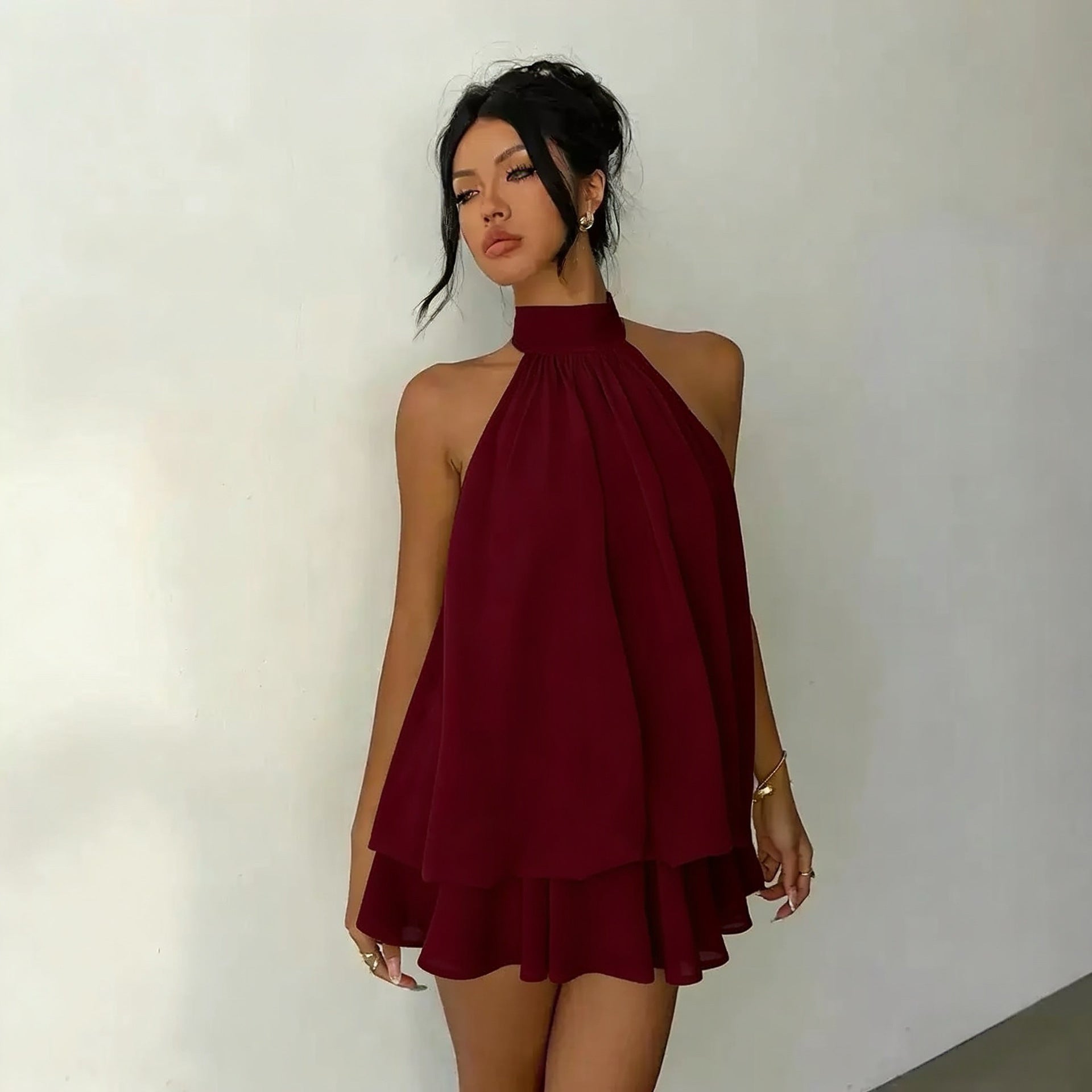 Women's vacation fitted sexy backless halter neck tie-waist dress with puffy short skirt eprolo