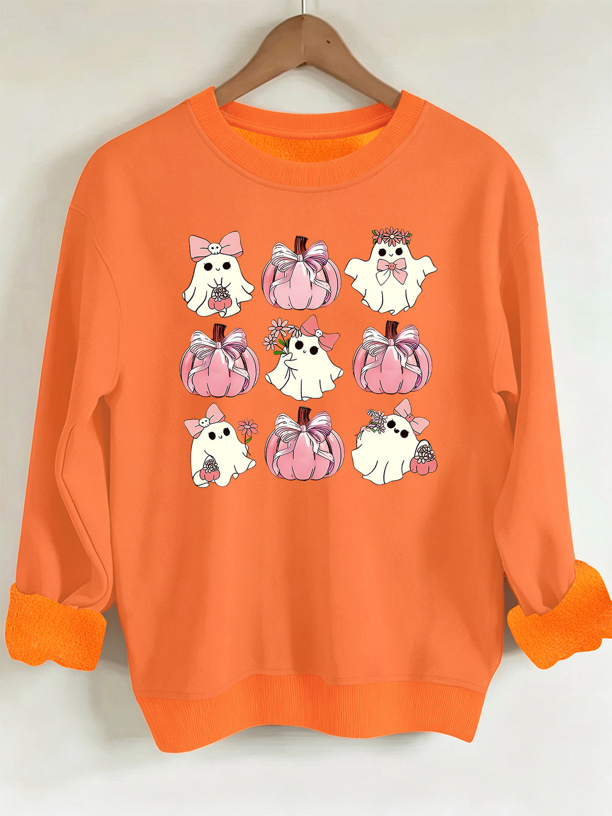 Ghost pumpkin print round neck fleece hoodie eprolo