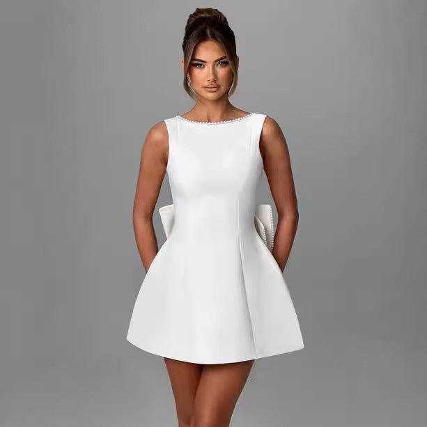 Fashion Big-Bowed Pearls Backless Dress Summer Slim Sleeveless A-line Dresses For Party Evening Women's Clothing Zee's Vibe Vault