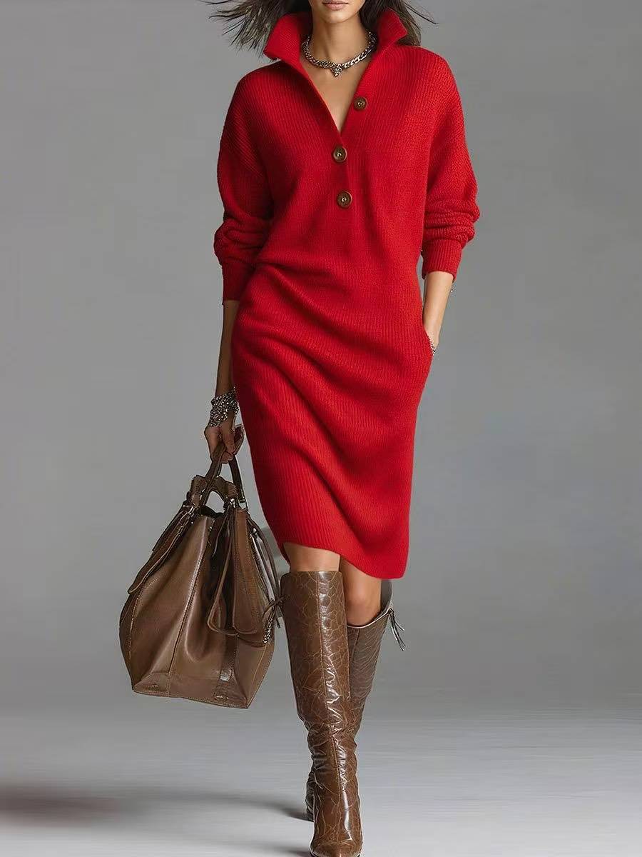 Long-sleeved Sweater Dress Fashion Warm Stand-up Collar V-neck Button Pullover Dresses Winter Casual Commuting Women's Clothing Zee's Vibe Vault