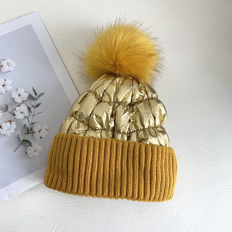 Women's Down Shiny Knit Hat With Fur Ball Zee's Vibe Vault
