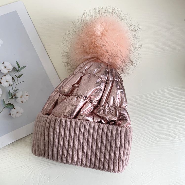 Women's Down Shiny Knit Hat With Fur Ball Zee's Vibe Vault