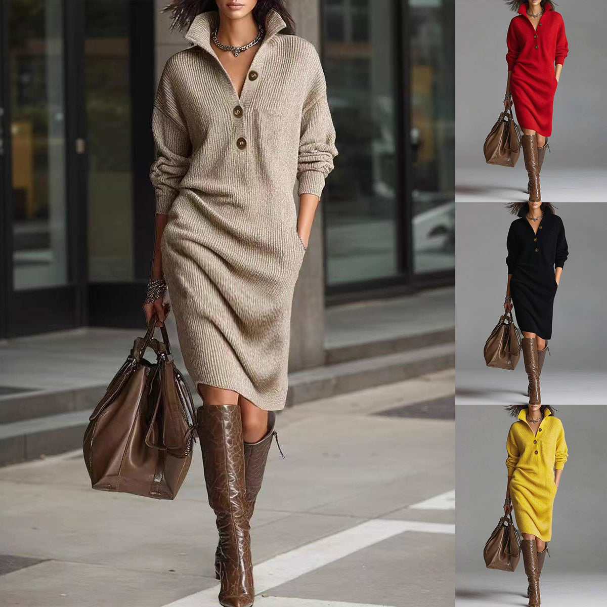 Long-sleeved Sweater Dress Fashion Warm Stand-up Collar V-neck Button Pullover Dresses Winter Casual Commuting Women's Clothing Zee's Vibe Vault