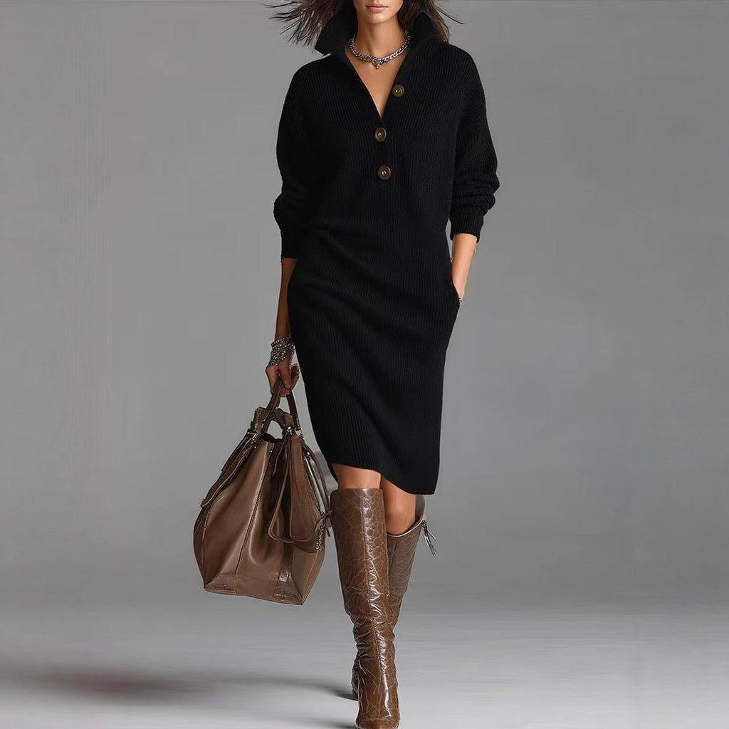 Long-sleeved Sweater Dress Fashion Warm Stand-up Collar V-neck Button Pullover Dresses Winter Casual Commuting Women's Clothing Zee's Vibe Vault