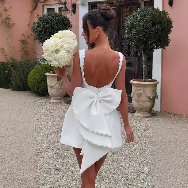 Fashion Big-Bowed Pearls Backless Dress Summer Slim Sleeveless A-line Dresses For Party Evening Women's Clothing Zee's Vibe Vault
