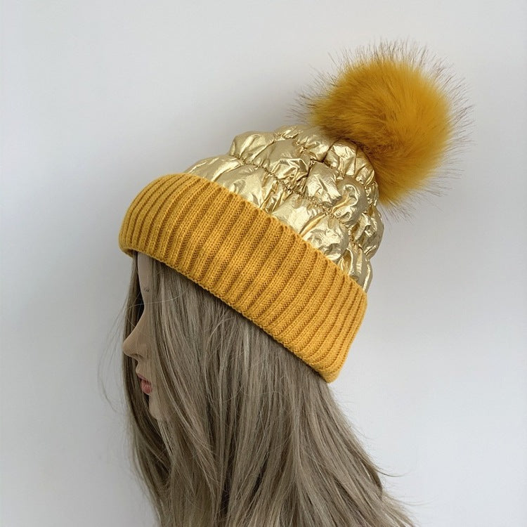 Women's Down Shiny Knit Hat With Fur Ball Zee's Vibe Vault