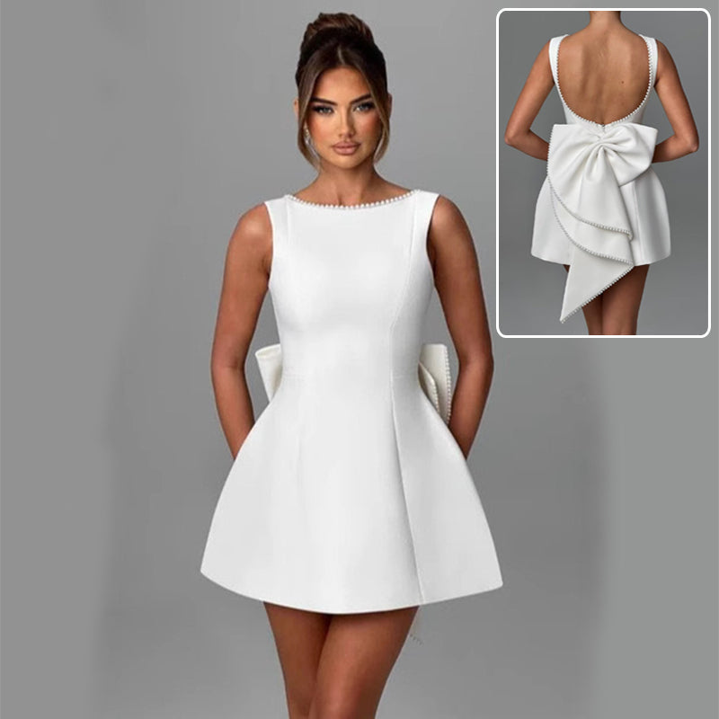 Fashion Big-Bowed Pearls Backless Dress Summer Slim Sleeveless A-line Dresses For Party Evening Women's Clothing Zee's Vibe Vault